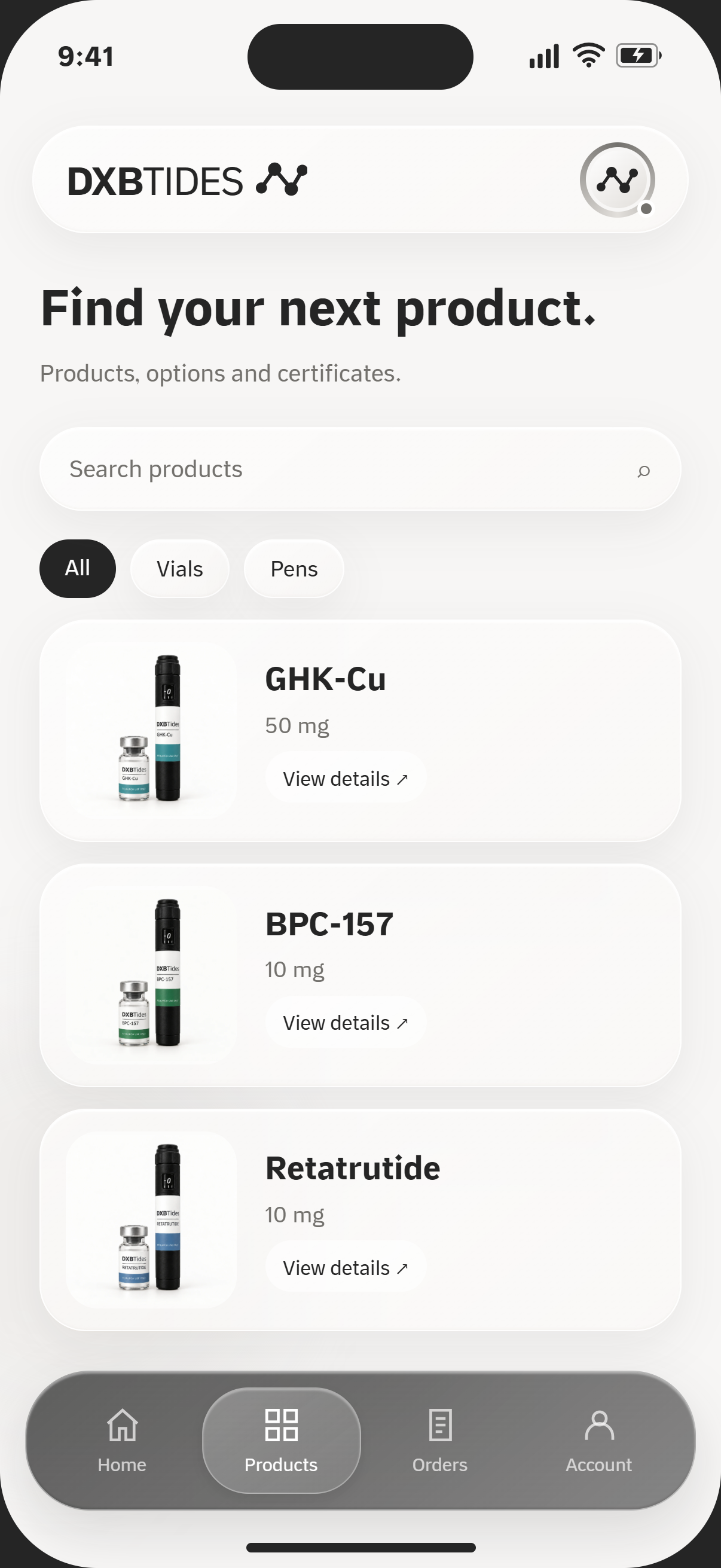 Product screen with DXBTides photos and navigation